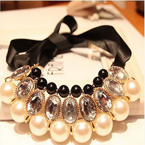 

Women's Pearl Statement Necklace Pearl Necklace Bib Ladies Bridal Festival / Holiday Chunky Pearl Resin Silk Yellow Blue White Black Rose Necklace Jewelry For Wedding Special Occasion Birthday Gift