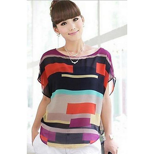 

Women's T shirt Patchwork Modern Style Short Sleeve Going out Tops Navy Blue