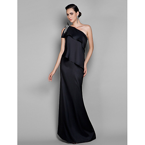 

Sheath / Column One Shoulder Floor Length Stretch Satin Dress with Bow(s) / Pearls by TS Couture
