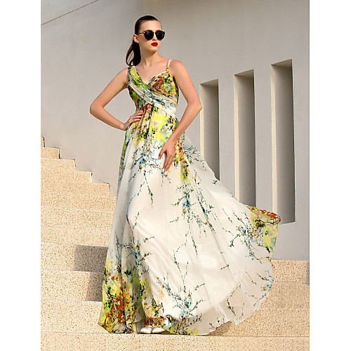 

A-Line Elegant Floral Formal Evening Dress Straps Sleeveless Floor Length Chiffon with Criss Cross 2020