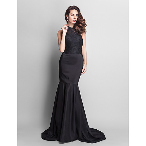 

Mermaid / Trumpet Elegant Formal Evening Dress Jewel Neck Sleeveless Court Train Lace Stretch Satin with Lace 2021