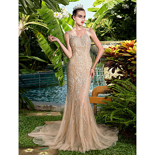

TS Couture Formal Evening Dress - Elegant / Sparkle & Shine / See Through Plus Size / Petite Sheath / Column V-neck Court Train Stretch Satin