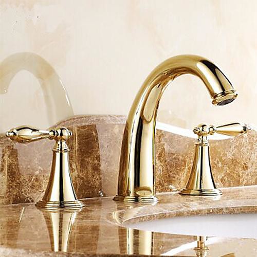 

Brass Bathroom Sink Faucet,Widespread Two Handles Three Holes Bathroom Faucet with Valve and Hot/Cold Switch