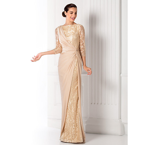 

Sheath / Column Elegant Wedding Guest Formal Evening Dress Boat Neck 3/4 Length Sleeve Floor Length Lace Jersey with Draping Overskirt Lace Insert 2021 / Illusion Sleeve
