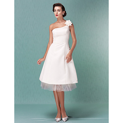 

A-Line Wedding Dresses One Shoulder Knee Length Satin Tulle Spaghetti Strap Formal Casual Little White Dress with Flower 2021