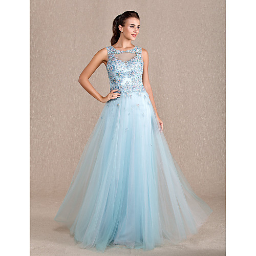 

Formal Evening / Prom / Military Ball Dress - Sky Blue Plus Sizes / Petite Sheath/Column Jewel Floor-length Tulle