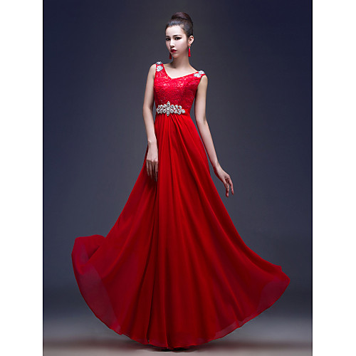 

A-Line Princess V Neck Floor Length Lace Georgette Formal Evening Dress with Crystal Detailing Lace Sash / Ribbon by CHQY