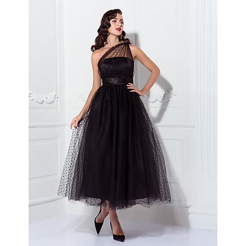 

A-Line Vintage Cocktail Party Prom Dress One Shoulder Sleeveless Ankle Length Tulle with Pleats Pattern / Print 2021