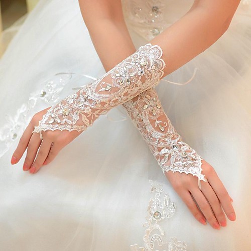 

Tulle Elbow Length Glove Bridal Gloves With Rhinestone