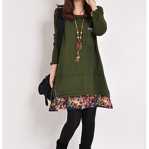 

Women's Loose Knee Length Dress Yellow Olive Royal Blue Orange Black Long Sleeve Floral Print Fall Winter Round Neck Casual Chinoiserie M L XL