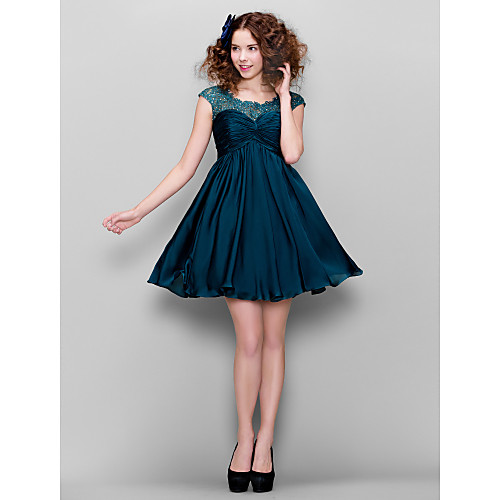 

A-Line Cocktail Party Prom Dress Illusion Neck Short Sleeve Short / Mini Satin Chiffon with Ruched Beading 2020