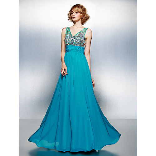 Платья недорого цена и фото A-Line V Neck Floor Length Chiffon Prom Dress with Beading / Sequin / Crystals b