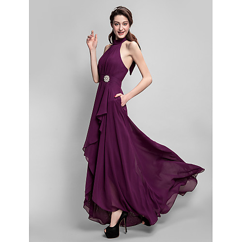 

A-Line High Neck Asymmetrical Chiffon Bridesmaid Dress with Bow(s) / Draping / Crystal Brooch / Open Back