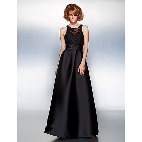 

A-Line Jewel Neck Floor Length Satin Prom / Formal Evening Dress with Appliques / Sash / Ribbon / Ruched by TS Couture