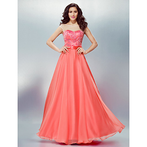 

A-Line Scoop Neck Floor Length Chiffon Dress with Beading / Appliques / Sash / Ribbon by TS Couture