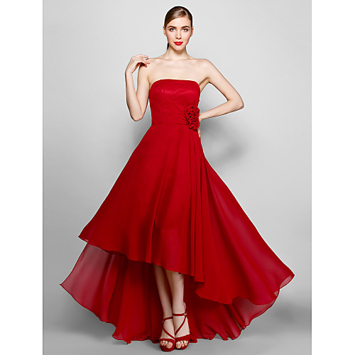

A-Line Floral Formal Evening Dress Strapless Sleeveless Asymmetrical Chiffon with Flower 2021