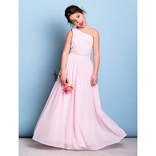 

A-Line Floor Length Junior Bridesmaid Dress Chiffon Sleeveless One Shoulder with Sash / Ribbon / Natural