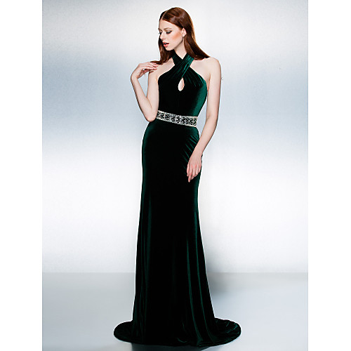

Mermaid / Trumpet Open Back Keyhole Formal Evening Black Tie Gala Dress Halter Neck Sleeveless Court Train Velvet with Sash / Ribbon Beading 2021