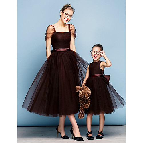 

Princess Tea Length Flower Girl Dresses Party Tulle Short Sleeve Square Neck with Bow(s) / Elegant / Prom / Formal Evening