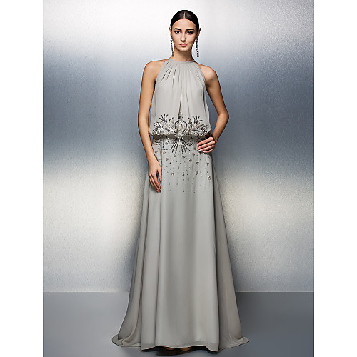 

A-Line Elegant Prom Formal Evening Dress Jewel Neck Sleeveless Floor Length Chiffon with Ruched Beading 2021