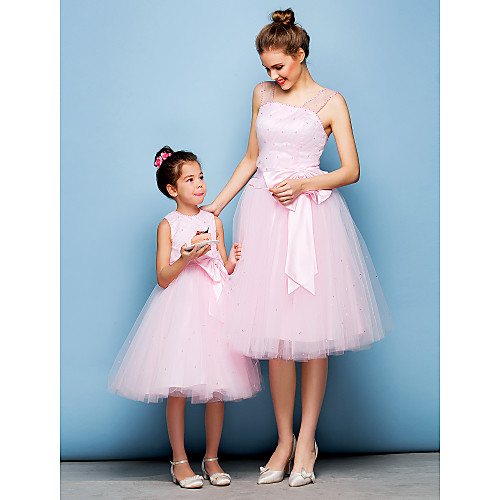 

Ball Gown Straps Knee Length Tulle Cocktail Party Dress with Beading Bow(s) Sash / Ribbon Side Draping by TS Couture