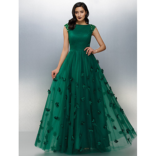 

A-Line Floral Prom Formal Evening Dress Boat Neck Short Sleeve Floor Length Tulle with Crystals Appliques 2021