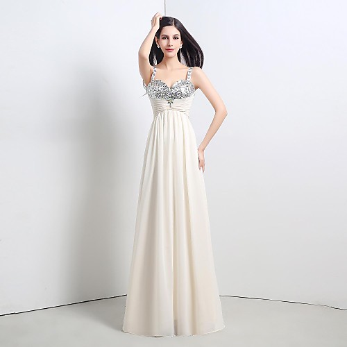 

A-Line Straps Floor Length Chiffon Sequined Formal Evening Dress with Beading Lace Pleats