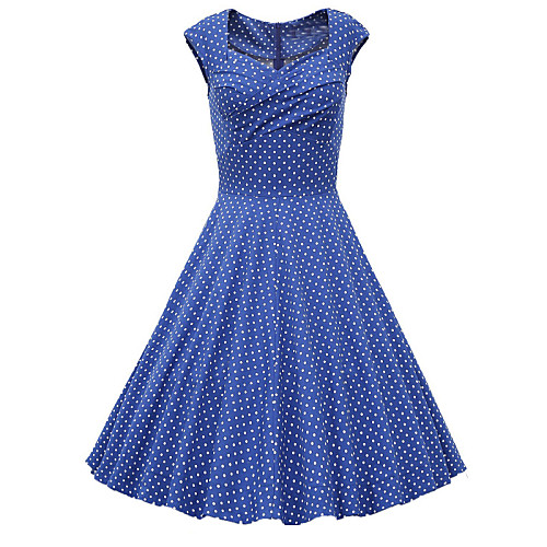 

Women's A Line Dress Knee Length Dress Blue Light gray Short Sleeve Blue Polka Dot Print Fall Spring Sweetheart Neckline Vintage Streetwear Going out Cotton S M L XL XXL
