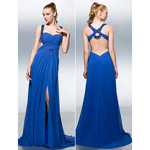 

A-Line Straps Court Train Georgette Prom Formal Evening Dress with Beading Crystal Detailing Criss Cross Split Front Side Draping by TS