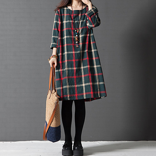 

Women's Loose Knee Length Dress Red Blue Green 3/4 Length Sleeve Check Color Block Fall Spring Round Neck Chinoiserie Loose M L XL XXL 3XL / Cotton / Plus Size / Plus Size / Cotton