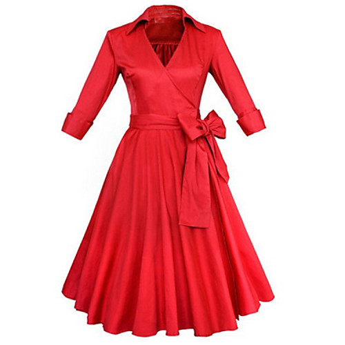 

Women's Knee Length Dress A-Line Dress Solid Colored Ruffle Spring Summer V Neck Vintage Party Black Red / Cotton