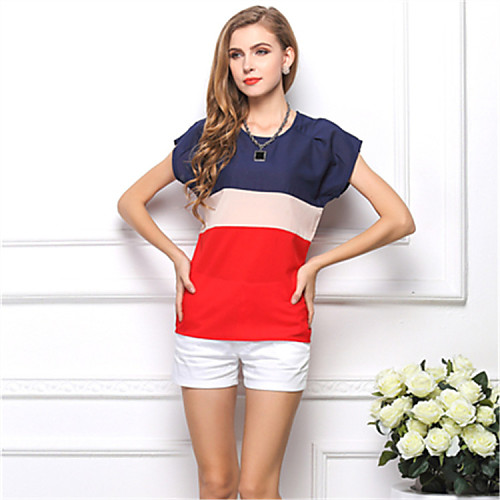 

Women's Blouse Color Block Plus Size Patchwork Short Sleeve Daily Tops Red Green