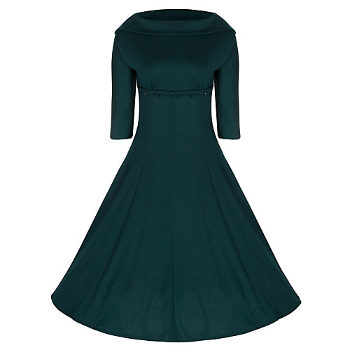 

Women's Skater Midi Dress Green Black Solid Colored Spring Boat Neck Vintage Party S M L XL XXL / Cotton / Cotton