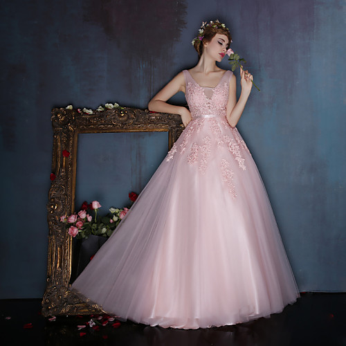 

A-Line Dress V Neck Floor Length Lace Satin Tulle with Lace Sash / Ribbon Beading 2021