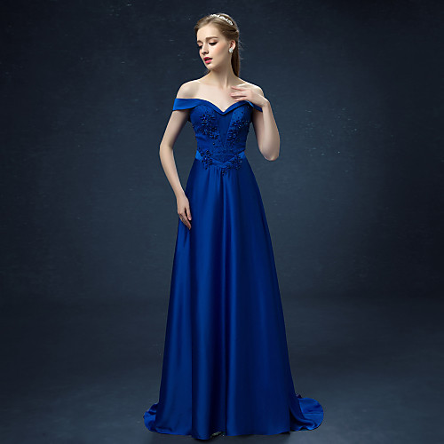 

A-Line Formal Evening Dress Off Shoulder Sweep / Brush Train Satin with Lace Beading Appliques 2021