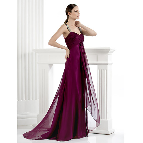 

A-Line Formal Evening Dress Straps Floor Length Chiffon with Crystals Beading 2021