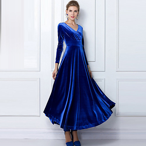 

Women's Swing Dress Maxi long Dress Purple Red Blue Emerald Black Long Sleeve Blue Solid Colored Fall Winter V Neck Party Slim Velvet S M L XL XXL 3XL / Cotton / Plus Size / Plus Size / Cotton