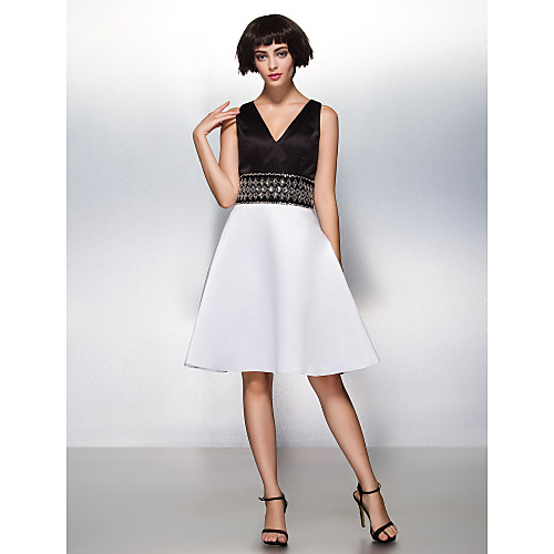 

A-Line / Fit & Flare V Neck Knee Length Satin Open Back Cocktail Party Dress with Beading by TS Couture