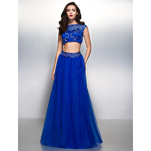 

Two Piece A-Line Beautiful Back Two Piece Prom Formal Evening Dress Illusion Neck Short Sleeve Floor Length Tulle with Beading Appliques 2021