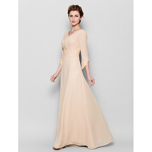 

Sheath / Column Mother of the Bride Dress Elegant V Neck Floor Length Chiffon 3/4 Length Sleeve with Criss Cross Appliques 2021