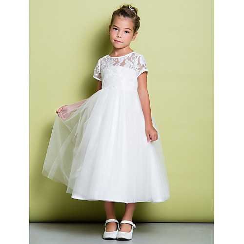

A-Line Tea Length Flower Girl Dresses Wedding Lace Short Sleeve Jewel Neck with Lace / First Communion