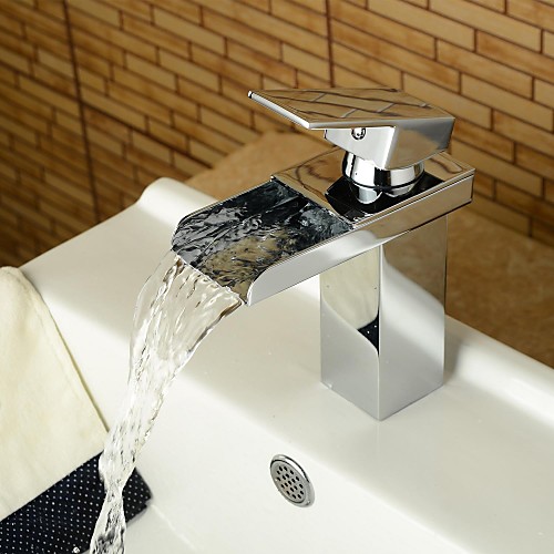 

Single Handle One Hole Bathroom Sink Faucet Waterfall Chrome Centerset Bath Taps Brass Adjustable Cold/Hot Water
