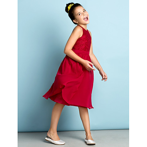 

A-Line Knee Length Junior Bridesmaid Dress Chiffon Sleeveless Jewel Neck with Lace / Natural / Mini Me
