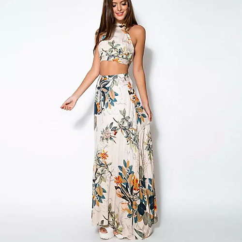 

Women's Swing Dress Maxi long Dress White Sleeveless Floral Backless Print Summer Halter Neck Boho Holiday Beach Belt Not Included Boho Bohemia Beach S M L XL / Cotton / Cotton