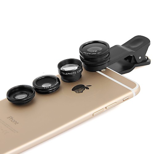 

Apexel 4 in 1 2X Telephoto,Fisheye and Macro Lens & 0.65X Wide lens with Clip for iPhone 4/5/6S/6S Plus(Assorted Colors)