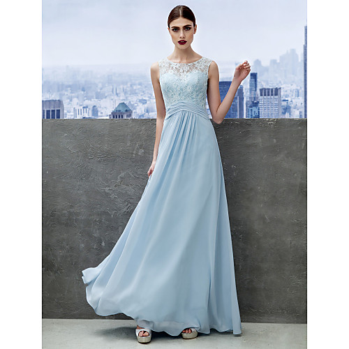 

A-Line Holiday Cocktail Party Prom Dress Illusion Neck Sleeveless Floor Length Chiffon Lace with Lace 2021 / Formal Evening