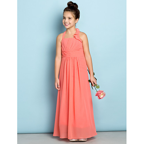 

Sheath / Column Ankle Length Junior Bridesmaid Dress Chiffon Sleeveless Halter Neck with Side Draping / Natural / Mini Me