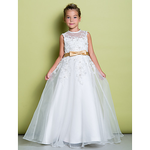 

A-Line Floor Length Flower Girl Dresses Wedding Organza Sleeveless Jewel Neck with Appliques