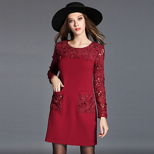 

Women's Loose Short Mini Dress Red Black Long Sleeve Solid Colored Lace Fall Round Neck Simple Belt Not Included Lace XL XXL 3XL 4XL 5XL / Cotton / Cotton