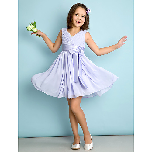 

A-Line Knee Length Junior Bridesmaid Dress Chiffon Sleeveless V Neck with Bow(s) / Natural